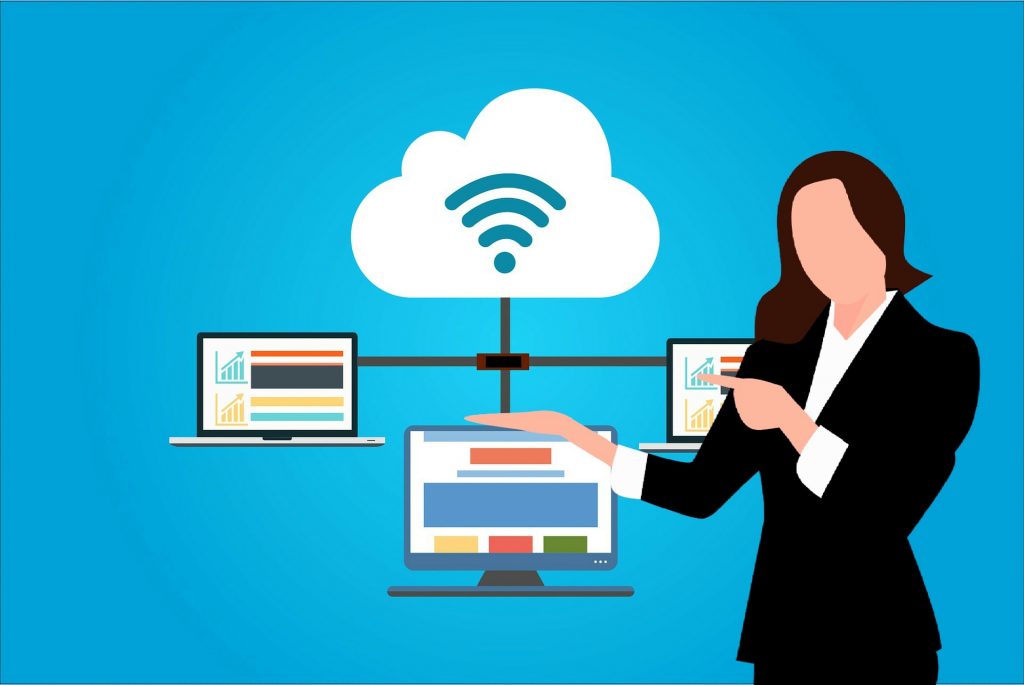 Illustration of cloud computing infrastructure with connected devices and data syncing, representing the pros and cons of cloud-based services.