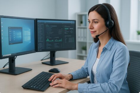 Woman providing remote IT support for small business while working at a desk with dual computer monitors.