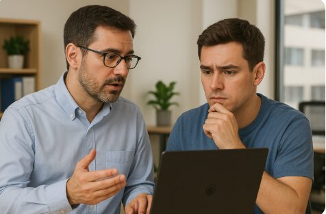 Realistic image of an IT professional advising a small business user on webcam security in an office environment.