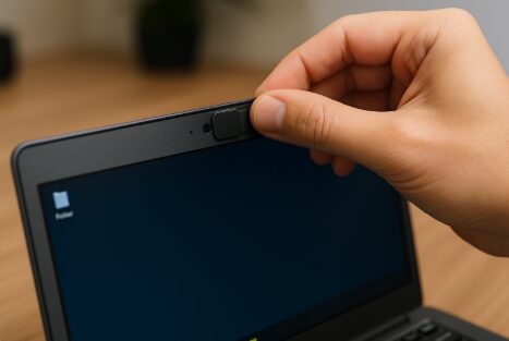 Person covering their laptop webcam — a common precaution when learning how to check if your webcam is being used to spy on you.