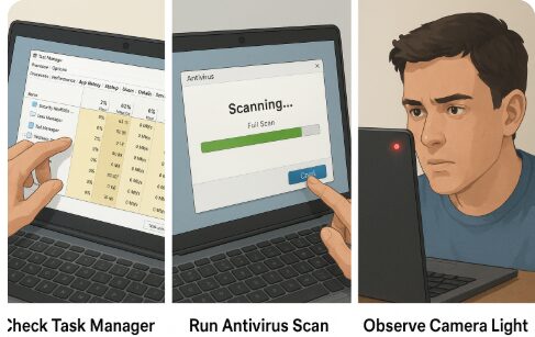 Realistic sequence showing checking webcam activity in Task Manager, running antivirus scan, and noticing a webcam indicator light.

