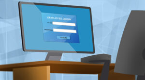 Office employee learning cybersecurity best practices on a computer, highlighting safe browsing, password protection, and email security.