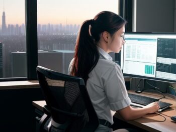 A skilled female Managed IT technician diligently working in a modern and vibrant office