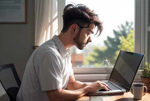 In the image, a remote worker sits in front of his laptop computer screen by a window.