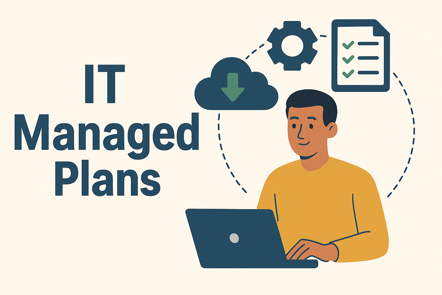 Illustration of an IT professional at a laptop with cloud storage, settings, and checklist icons, representing IT managed plans.