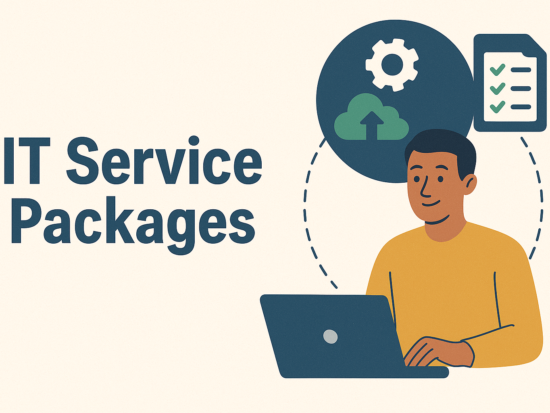 Illustration of an IT technician at a laptop with cloud upload, settings, and checklist icons representing IT service packages.