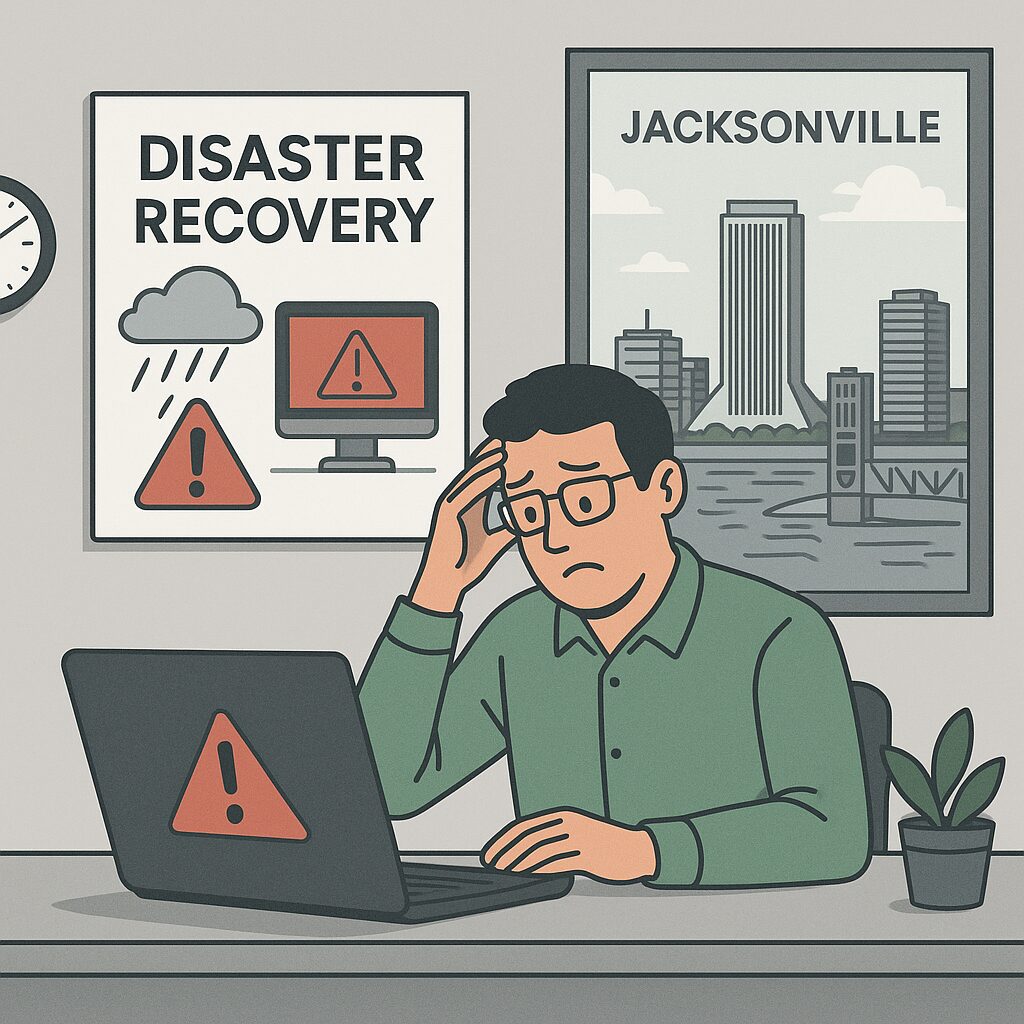 Stressed small business owner in Jacksonville looking at a laptop with a disaster warning symbol, with posters showing disaster recovery and the Jacksonville skyline, symbolizing business continuity challenges.