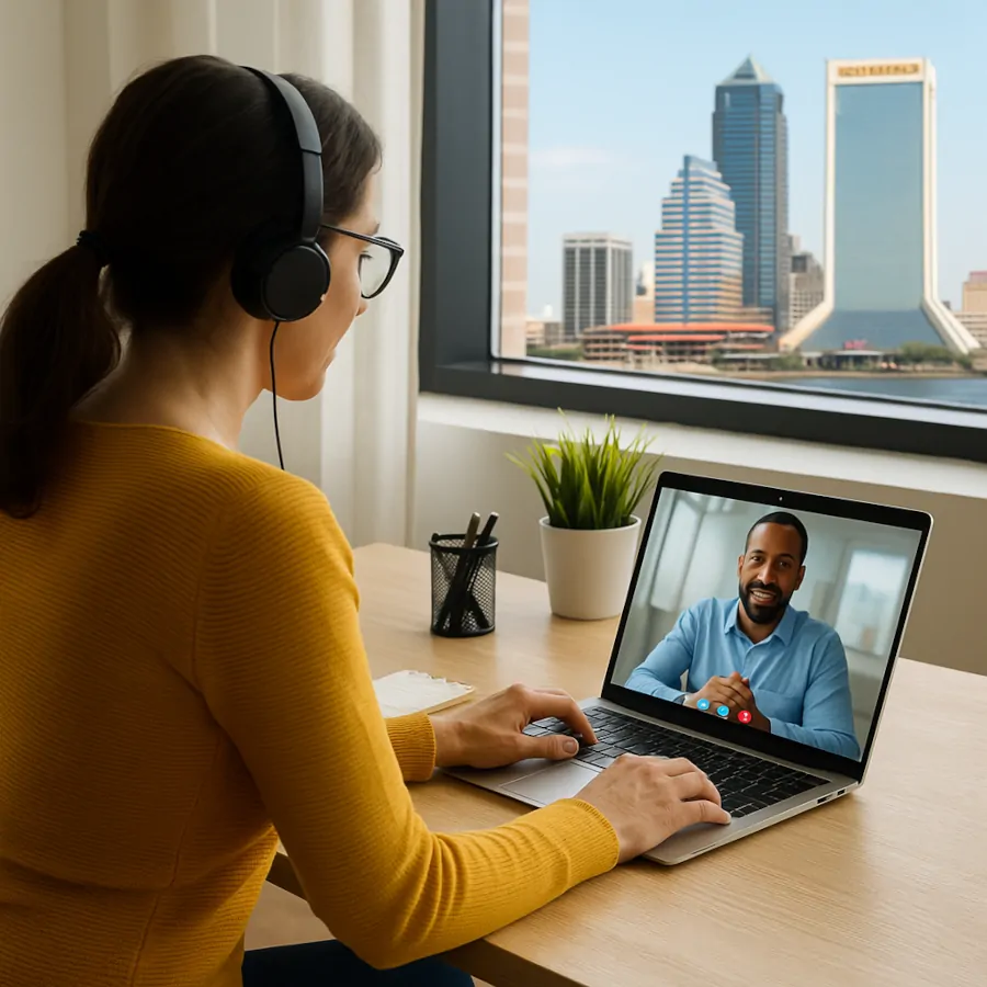 Small business employee in Jacksonville on a video call while working from home, with the Jacksonville skyline visible through the window, representing remote and hybrid IT support.