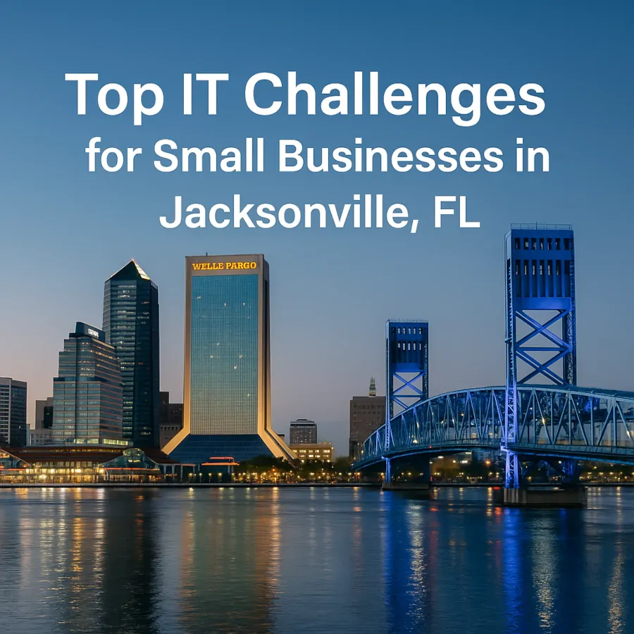 Modern offices with the Jacksonville, Florida skyline in the background, representing Small Business IT challenges and support for local SMBs