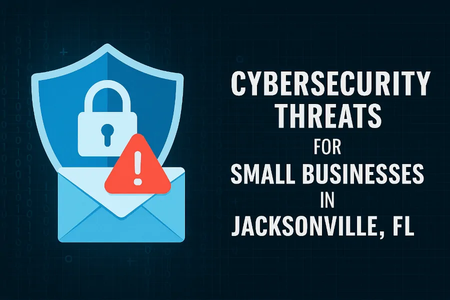 Laptop on a small business desk displaying a ransomware warning alert, with a shield and lock icon, symbolizing rising cybersecurity threats for Jacksonville small businesses.