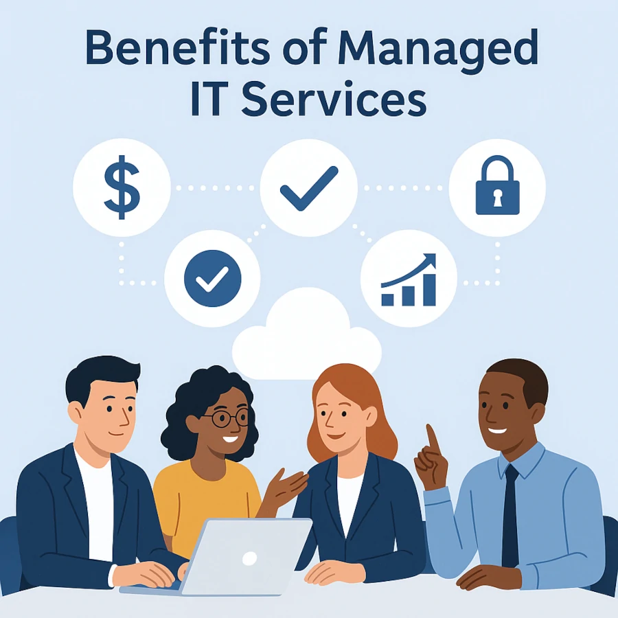 Business team collaborating with icons representing cost savings, efficiency, security, and managed IT services benefits.