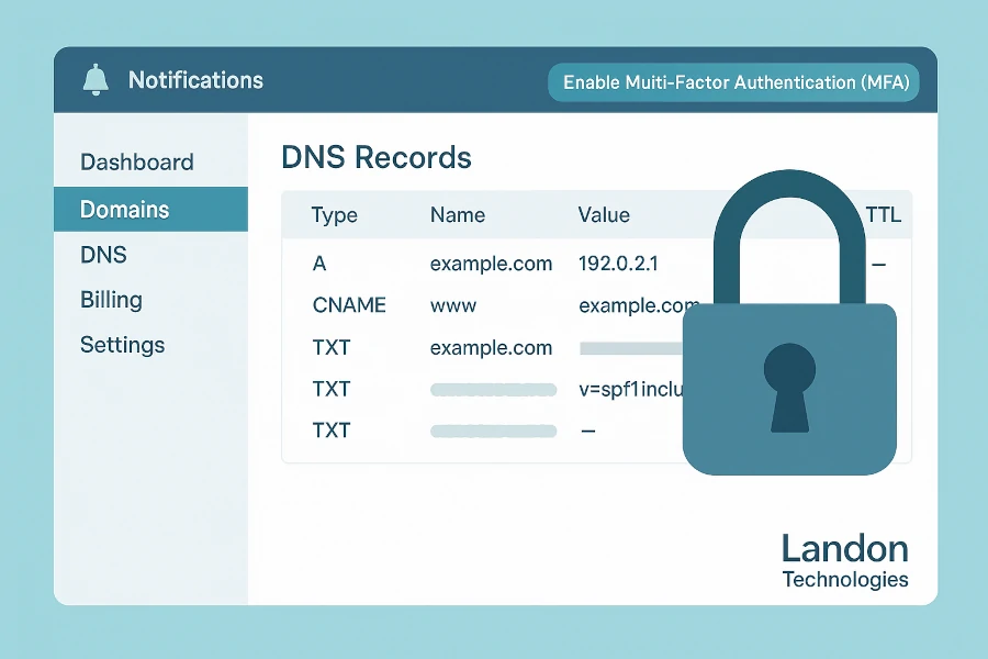 Enable MFA and change alerts at your DNS registrar to prevent domain hijacking
