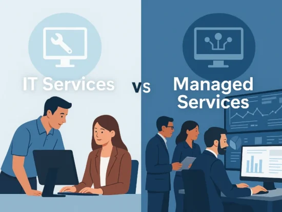 “Split-screen illustration comparing IT services and managed services, showing a technician helping a client on one side and a team monitoring network systems on the other, representing proactive vs reactive IT support for small and medium-sized businesses.”