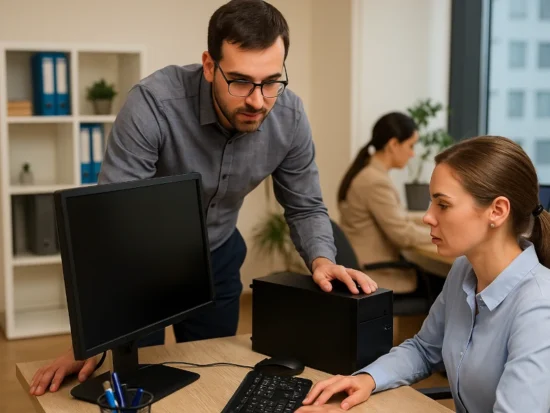 “IT technician assisting an office employee with a desktop computer setup in a modern business environment, representing traditional IT services for small businesses.”