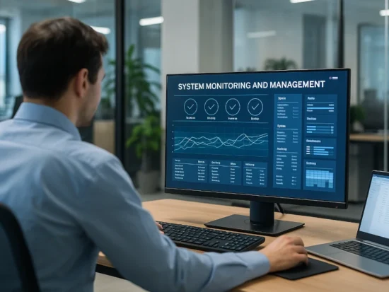 IT technician monitoring network performance dashboards as part of managed IT services.
