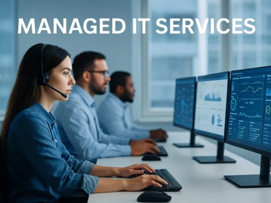 “Team of IT professionals in a modern network operations center monitoring multiple dashboards and analyzing data, representing proactive managed IT services for small and medium-sized businesses.”