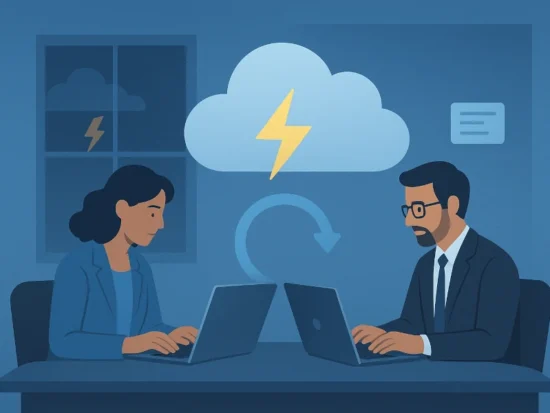 Business professionals working remotely on laptops with cloud tools during a power outage in Marietta GA.