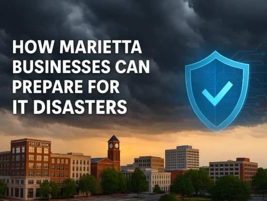 Downtown Marietta GA with storm clouds and digital shield representing IT disaster preparedness for small businesses.