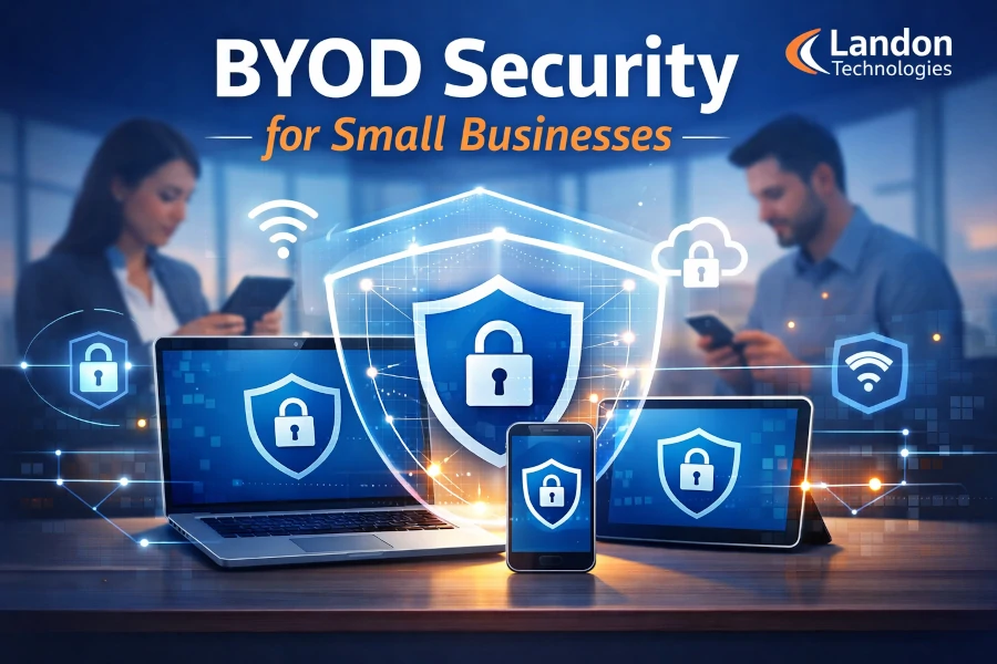 BYOD cybersecurity for small business showing secure use of personal devices on a company network