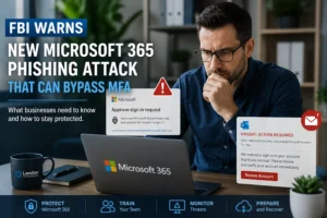 Business professional reviewing Microsoft 365 security alert related to phishing attack