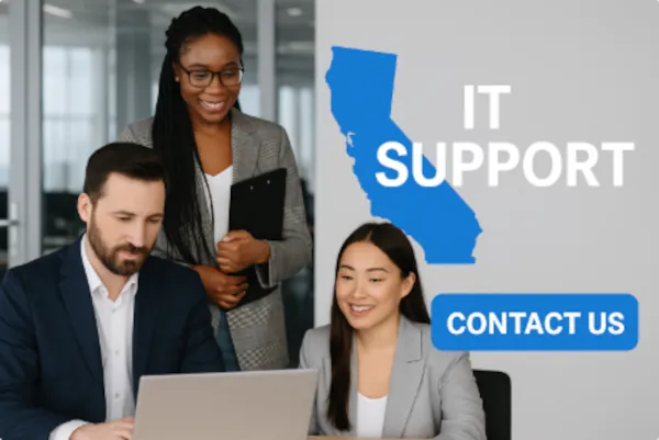 Group of professionals in a modern office with blue California state outline and Contact Us button promoting IT Support in California.