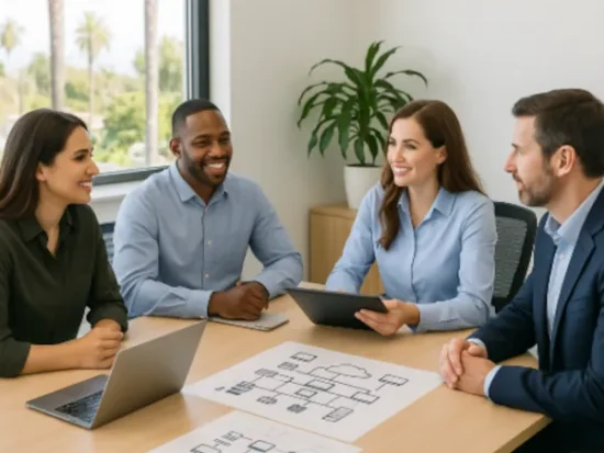 IT technician providing business IT support in Hawaiian Gardens, California office, with palm trees and greenery visible through large windows, highlighting teamwork.