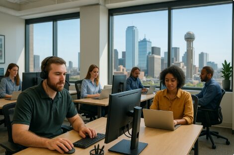 "IT technician wearing a headset consulting with a small business owner in a modern Los Angeles office, with a padlock icon on the monitor and palm trees and the city skyline visible through the window. The text 'IT Support for Your Los Angeles Business' is overlaid on the image."