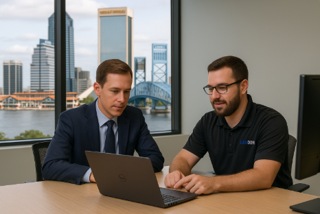 IT consultant and business professional collaborating at a conference table about Jacksonville Co-Managed IT Services.