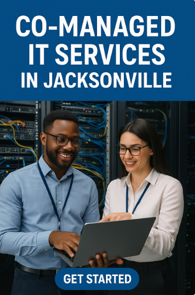 Two IT professionals reviewing data on a laptop in a server room, representing co managed IT in Jacksonville, Florida with a "Get Started" call-to-action button.