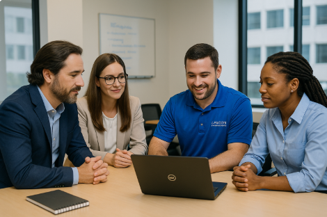 Landon Technologies IT staff and business professionals collaborating around a laptop about co managed IT support in Jacksonville, Florida.