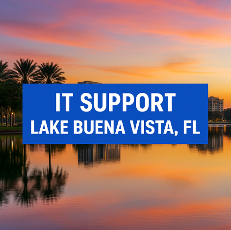 Sunset view of Lake Buena Vista with bold blue banner promoting IT Support in Lake Buena Vista, Florida.