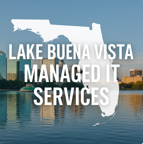 Skyline reflected on lake at dusk with Florida outline and text overlay promoting Managed IT Services in Lake Buena Vista, Florida.