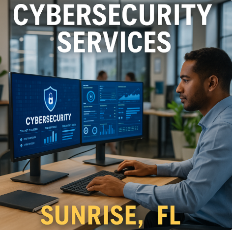 IT professional monitoring cybersecurity dashboards on dual monitors in modern office with bold text promoting Cybersecurity Services in Sunrise, Florida.