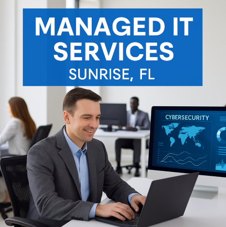 IT professional working at desk with cybersecurity dashboard in bright modern office promoting Managed IT Services in Sunrise, Florida.