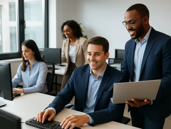 Professional IT team collaborating in a modern office, representing Florida Co-Managed IT Services.
