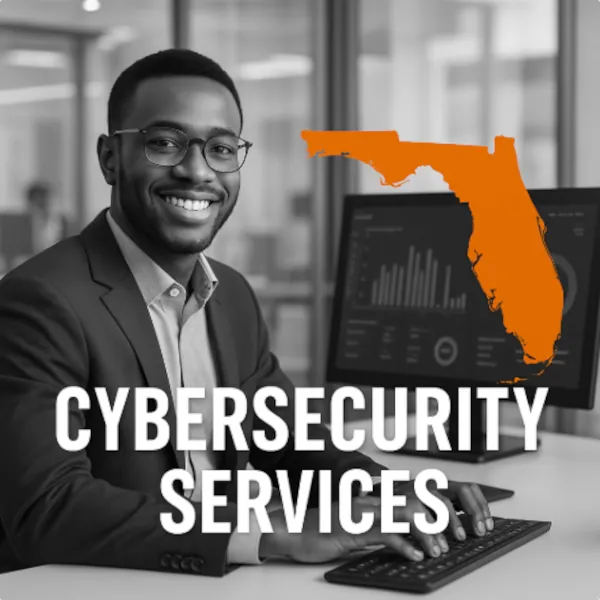 Smiling IT professional in office with data dashboard on screen, orange Florida silhouette, and bold text promoting Cybersecurity Services in Dania Beach, Florida.