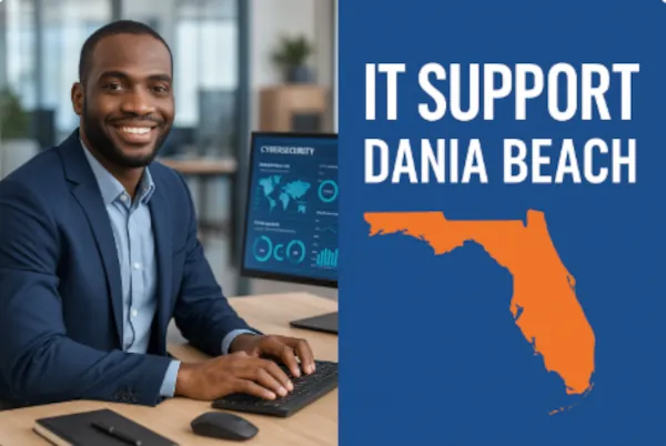 Smiling IT professional in modern office with cybersecurity dashboard and bold blue overlay promoting IT Support in Dania Beach, Florida.