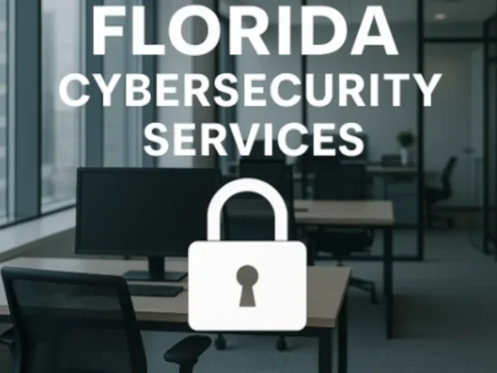 Modern office setting with text overlay promoting Cybersecurity Services in Florida and a padlock icon symbolizing data protection.