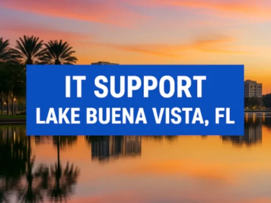 Sunset view of Lake Buena Vista with bold blue banner promoting IT Support in Lake Buena Vista, Florida.