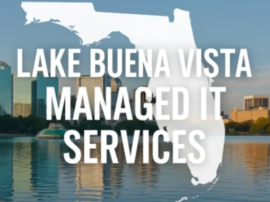 Skyline reflected on lake at dusk with Florida outline and text overlay promoting Lake Buena Vista Managed IT Services.