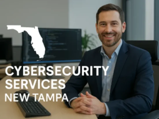 Professional in office with coding monitor and white Florida outline promoting Cybersecurity Services in New Tampa, Florida.