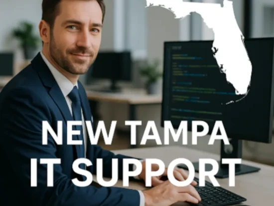 Smiling IT professional at computer with white Florida silhouette and bold text promoting IT Support in New Tampa, Florida.