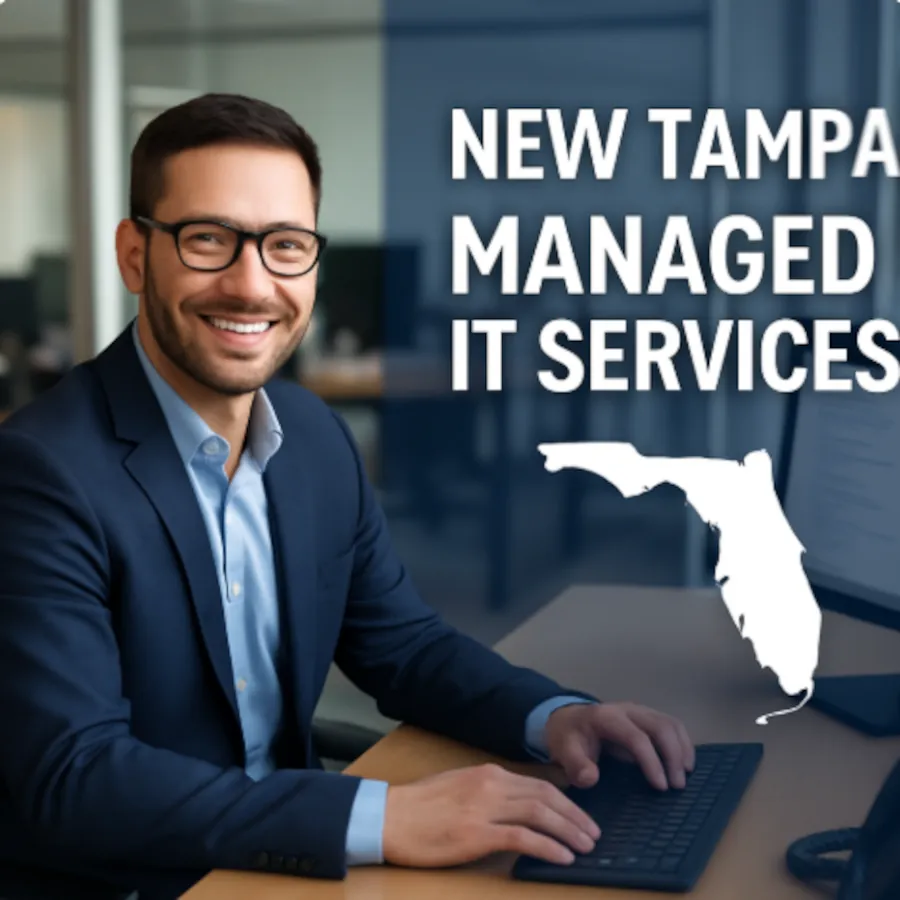 Smiling professional in navy blazer at desk with white Florida silhouette and bold text promoting New Tampa Managed IT Services.
