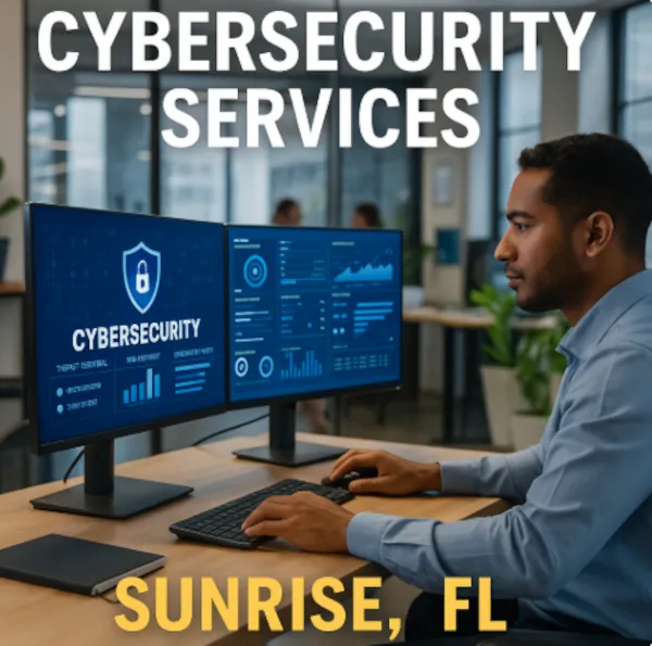 IT professional monitoring cybersecurity dashboards on dual monitors in modern office with bold text promoting Cybersecurity Services in Sunrise, Florida.