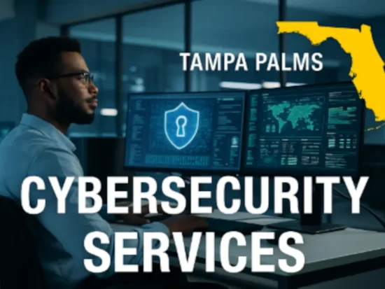 Focused IT professional at workstation with dual monitors, cybersecurity visuals, and Florida outline promoting Cybersecurity Services in Tampa Palms, Florida.