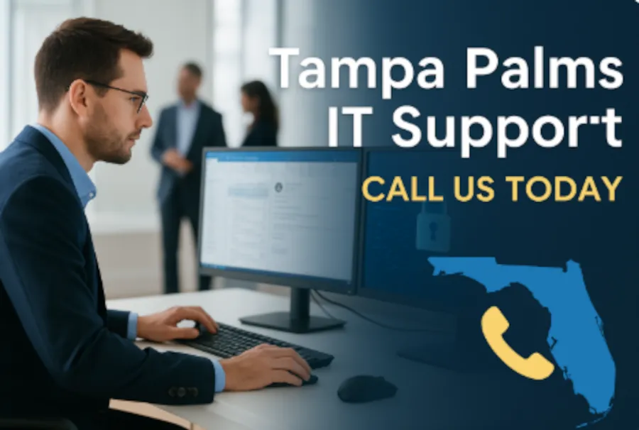 IT professional at workstation with Tampa Palms text and Florida graphic overlay including Call Us Today message about IT Support in Tampa Palms, Florida.