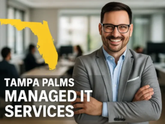 Smiling professional man in modern office with yellow Florida outline and bold text promoting Tampa Palms Managed IT Services.