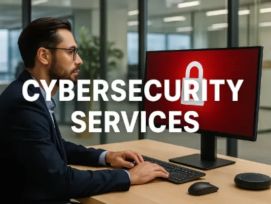 Professional in office reviewing red padlock graphic on screen with bold white text promoting Cybersecurity Services in Temple Terrace, Florida.