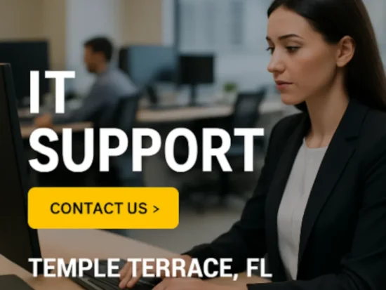 Professional woman working at desk with bold IT Support text and yellow Contact Us button for IT Support in Temple Terrace, Florida.