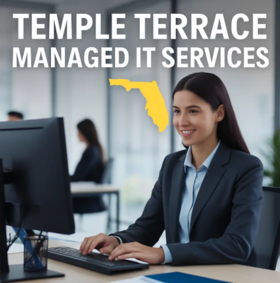 Smiling professional woman in office with yellow Florida outline and bold text promoting Temple Terrace Managed IT Services.